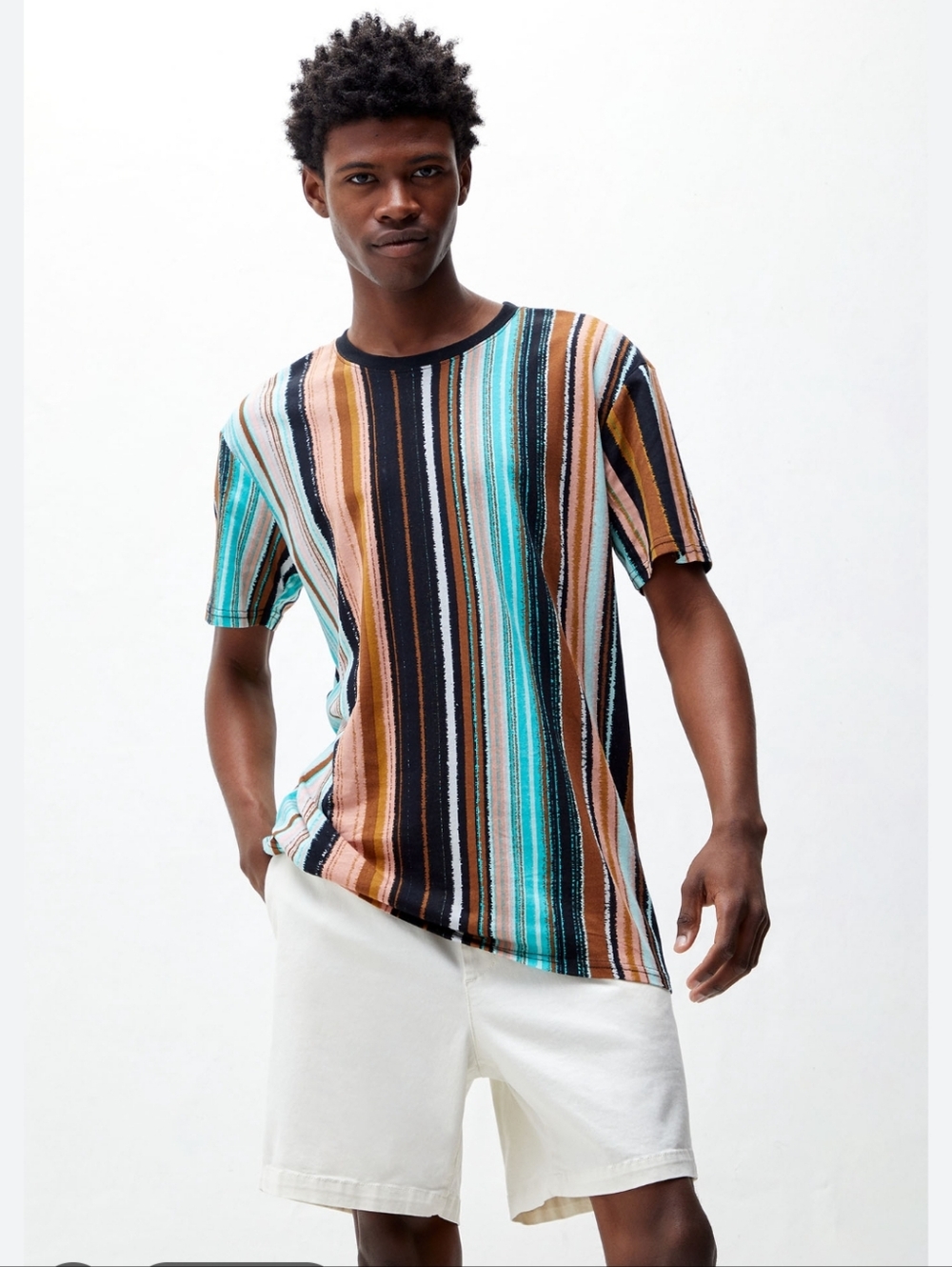 Striped Short-Sleeve Crewneck Shirt in Black And Teal